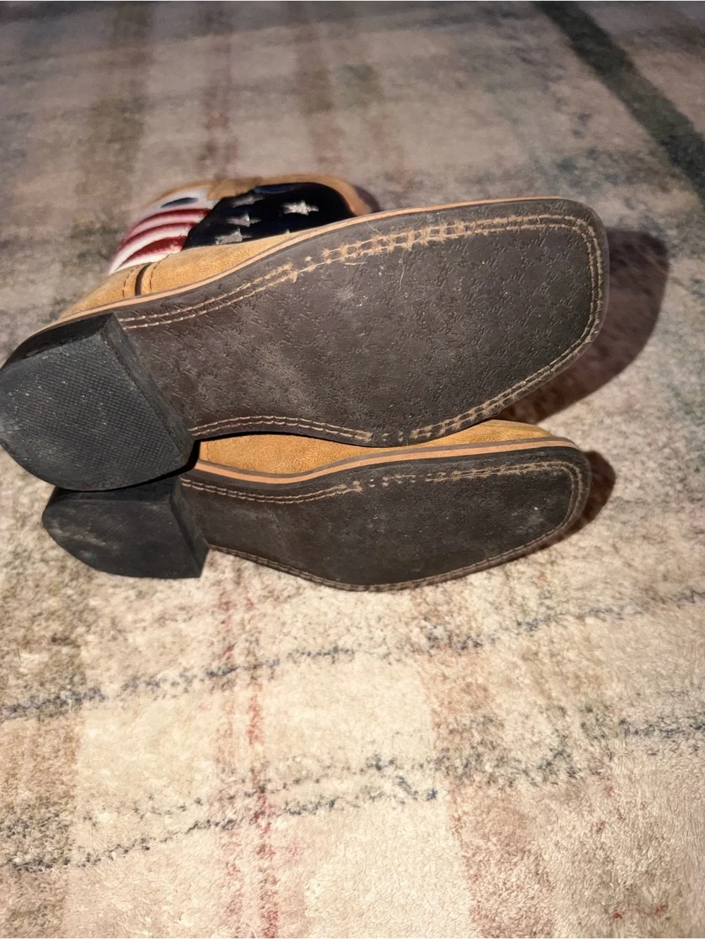 Kids Cowboy Boots with Star & Stripe Accent - Brown/Tan, Navy & Red